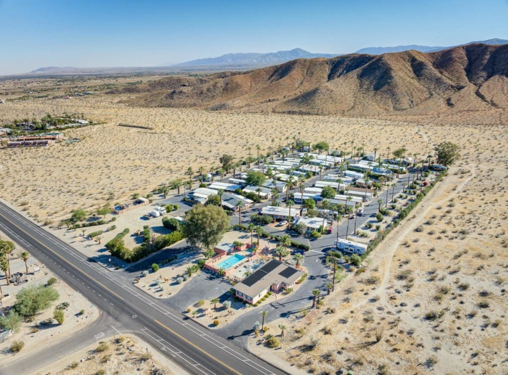 Row of tiny homes at Borrego Holiday Homes in Borrego Springs California
